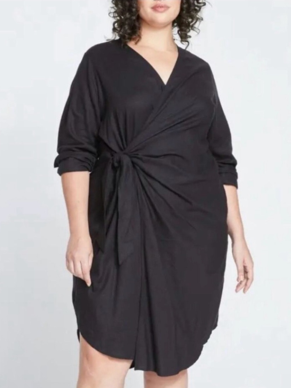 Universal Standard Black Linen Wrap Midi Dress Size S US 14-16 Minimalist NWT